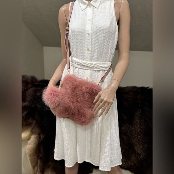 Dusty Rose Premium Real Fox Fur Wristlet/Phone Pouch/Crossbody & Fur Ball Charm - Picture 8 of 14